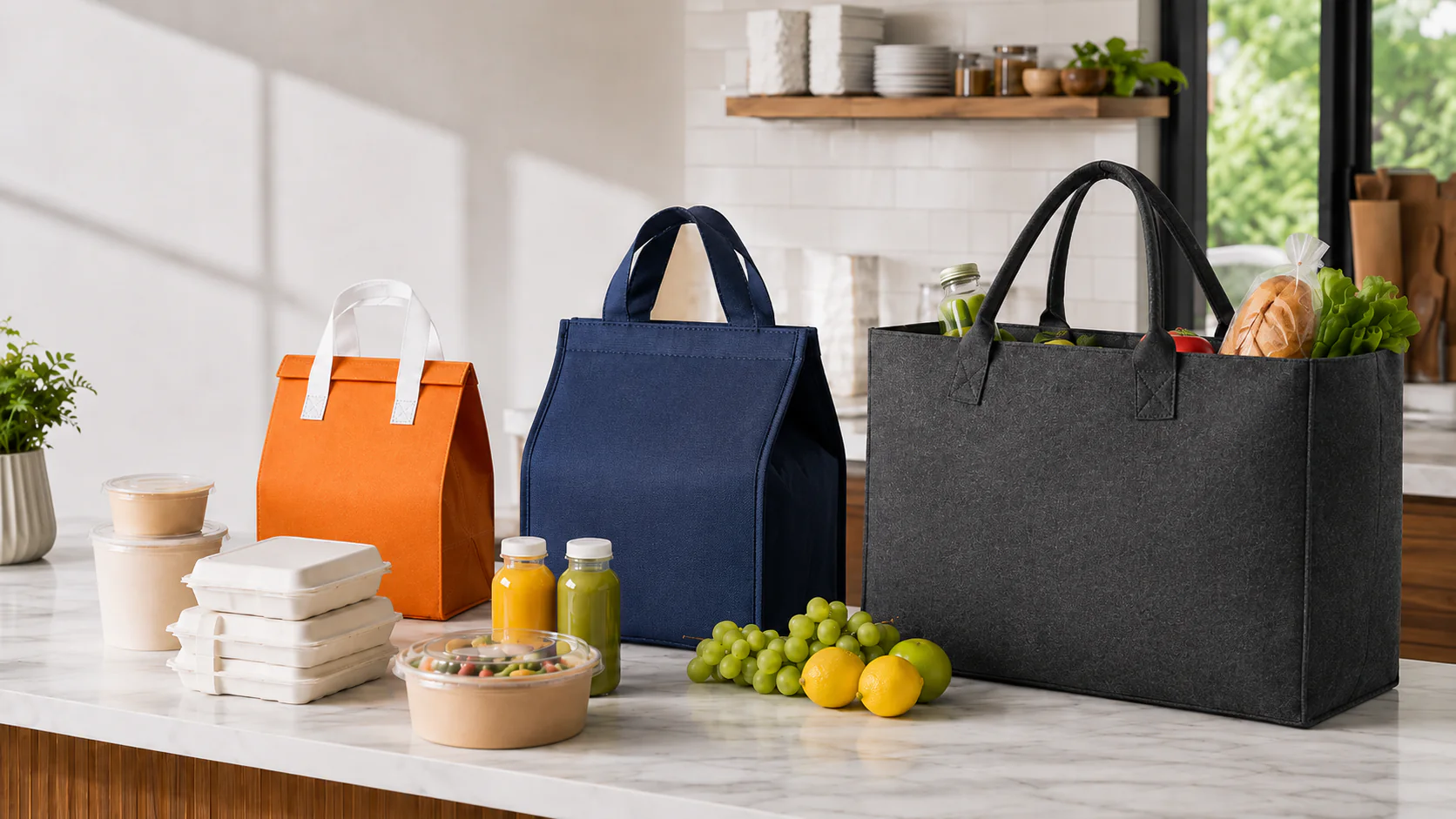 SunnyOrbit insulated bags and reusable totes displayed with packaged food and produce